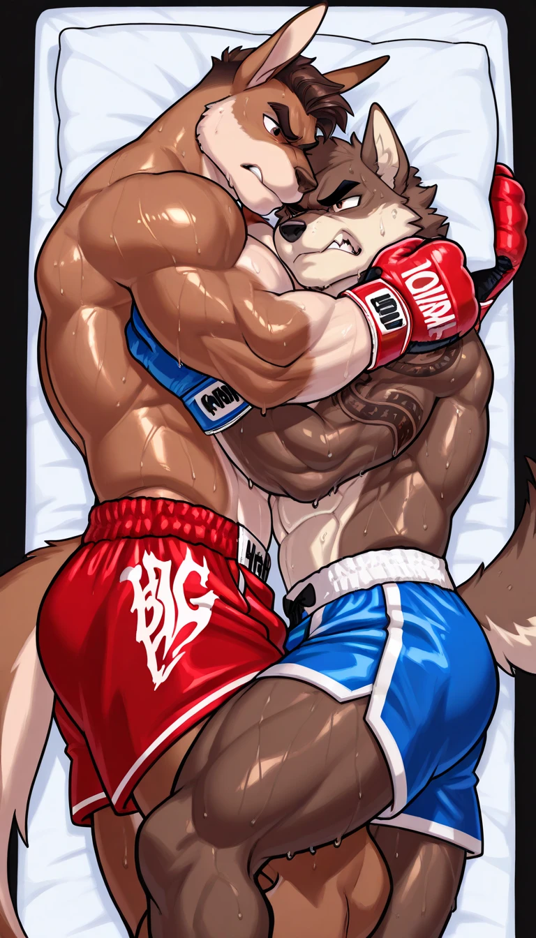Duo male fighters(Brown Dog vs Brown Dog, handsomes, perfect eyes, Thick eyebrows), beso gay(Cuddling embraced, in a bed match), hot(Full body, shirtless), handsomes(They are handsomes, correct anatomy), musculosos(Big muscle bodies, Six packs, muscle abs, big pecs, muscle legs, muscle backs), sweaty(very sweaty wet bodies), tatuajes(they have tattoos), Angry(They have an angry expression), UFC gloves(They both are wearing UFC gloves), Boxers(They are wearing Black boxers, big bulges), Hight resolution, lying down