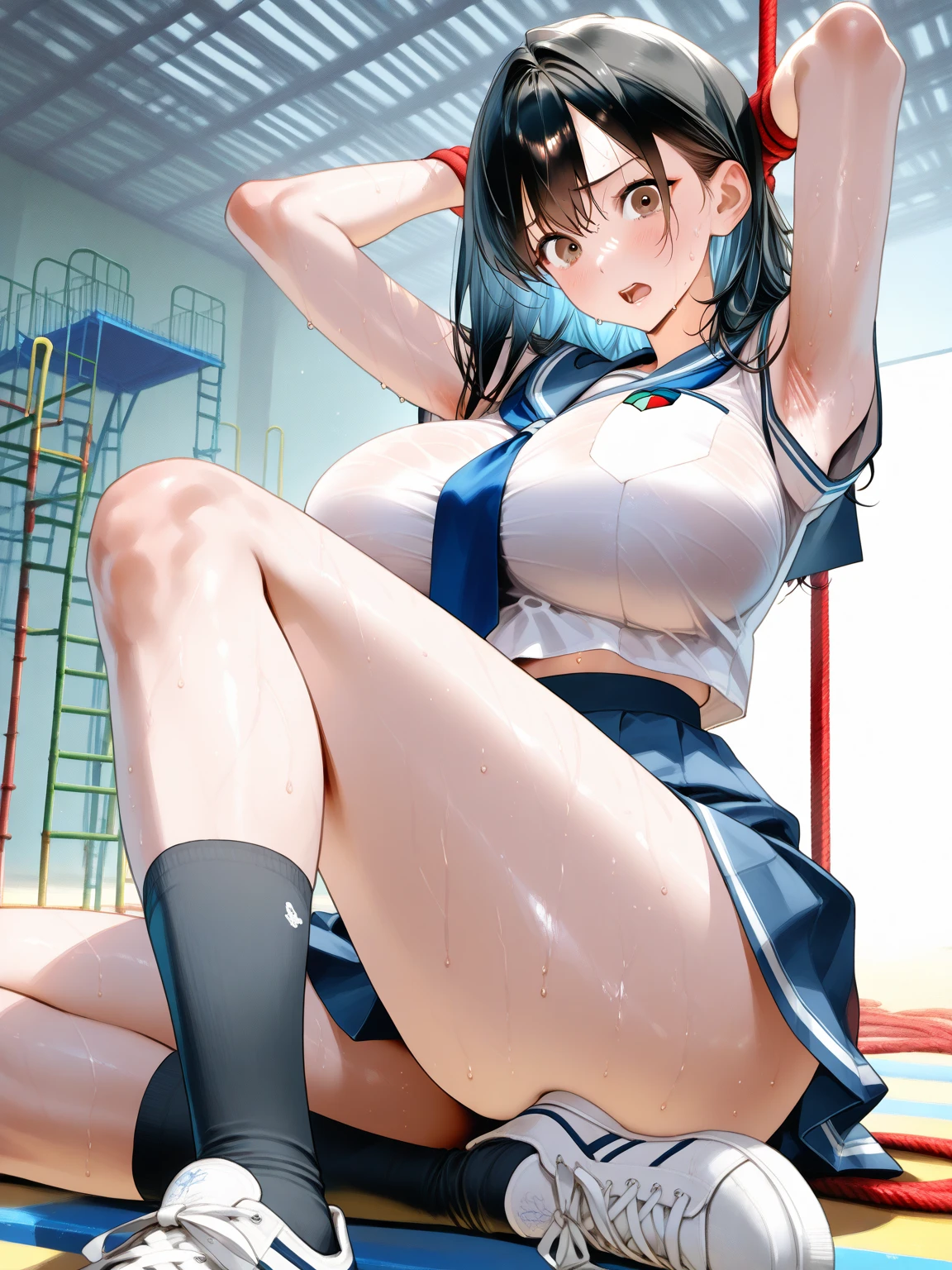 (masterpiece, best quality), front shot, 1girl, kawaii, (micro waist, super big breasts, very long legs:1.5), Very elongated thin body, short height, scrawny, tiny cute thin face, detailed face, cute smile, mini skirt, Tight serafuku, shows under boob, white sneakers, pigeon-toed, wet sweaty, visible ribs, (Black medium hair), Cowgirl play