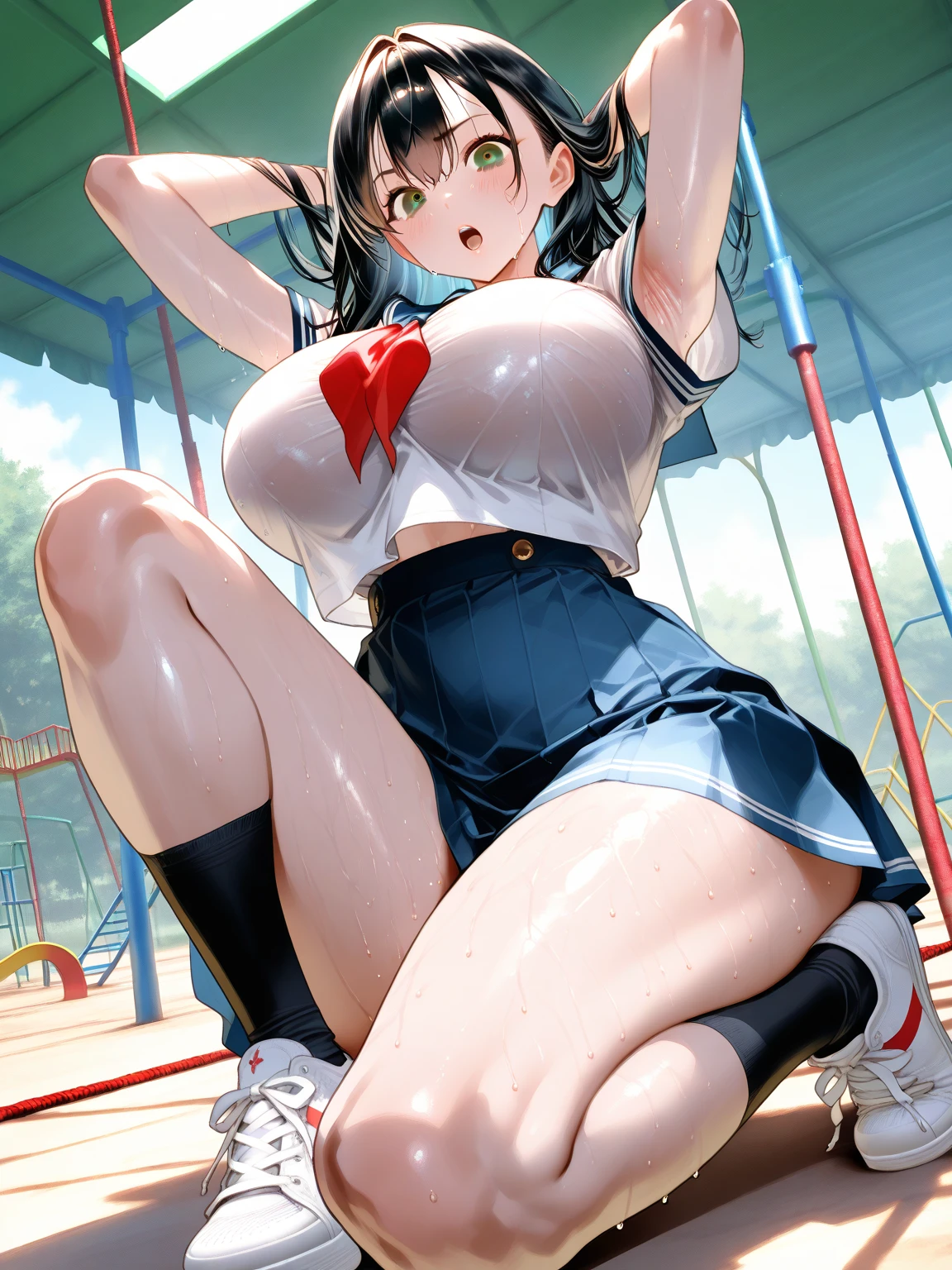 Beauty、Long Black Hair、((Big Tits))、(((Nipples)))、Ahegao、Crying face、(Gym suit)、sports warehouse、Standing Back SEX、pussyjuice、Take off your pants