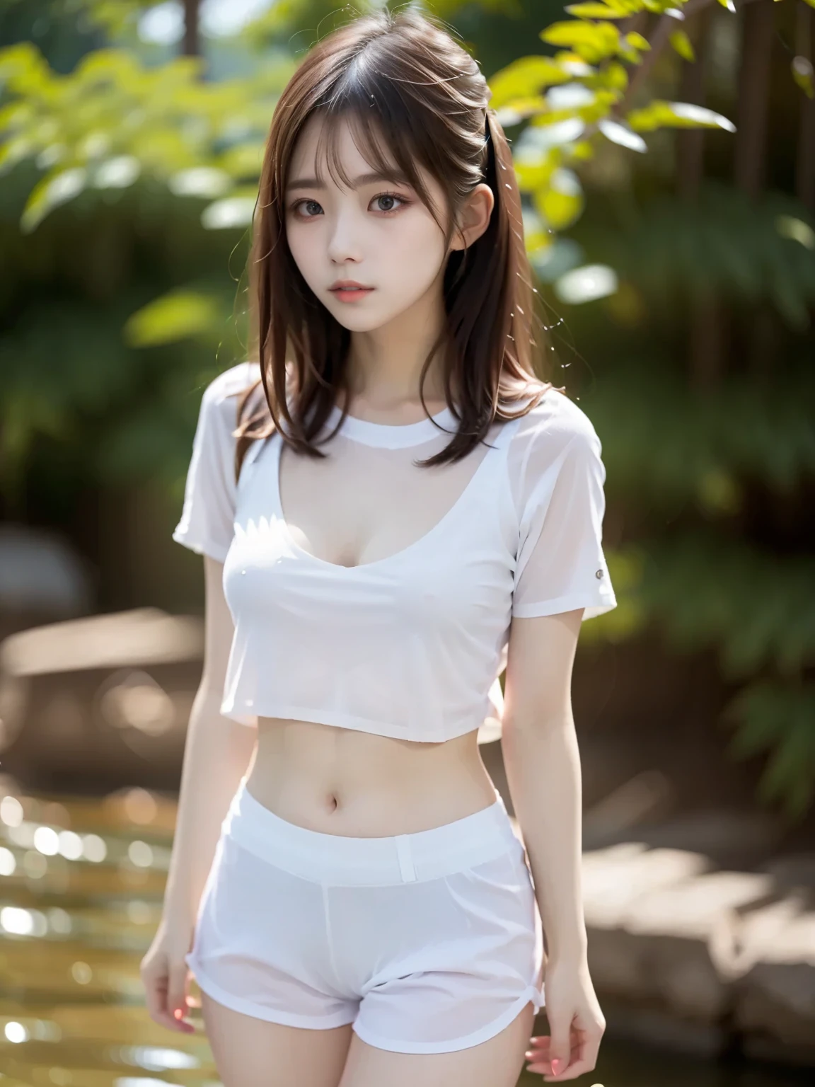 (8k, Top quality, Masterpiece:1.2), (Realistic, photo-realistic:1.37), Super detailed, perfect anatomy, cute, small eyes, 1, a Japanese, girl, sweat shorts, slim legs, outdoor,