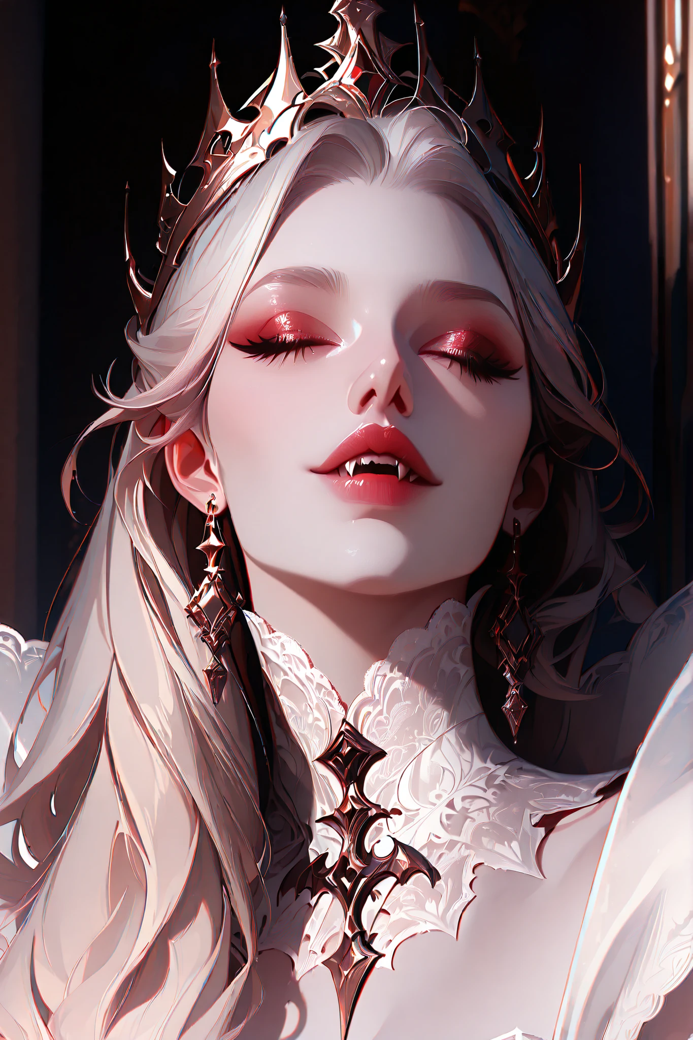 a portrait of an elegant vampire queen, wearing a gold crown and intricate jewelry, light hair, pale skin, sharp fangs, closed eyes, sensual smirk, white lace collar, ruby accents, masterpiece, best quality,absurdres , digital art style, drawn aesthetic, concept painting, ultrahigh definition,masterpiece, best quality, amazing quality, newest, very aesthetic,