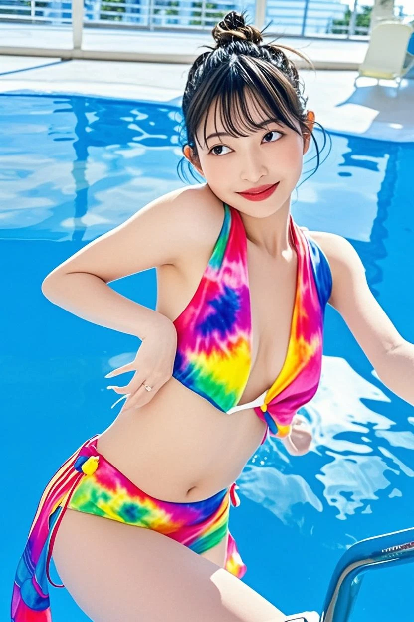 cute girl Erotic Tight bright neon color sports swimsuit smile abs swimming club show your armpits
