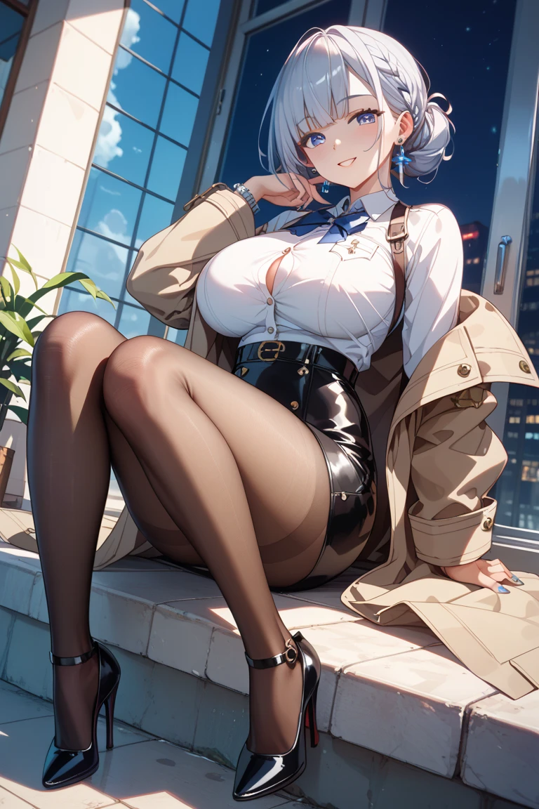 masterpiece,highest quality,1girl,solo,elf-v2,elf ears,slanted eyes,black pantyhose,model,thin,forget,sitting,crossed legs,Sole, gray eyes,Platinum short hair in two buns,black shirt,looking at the viewer
