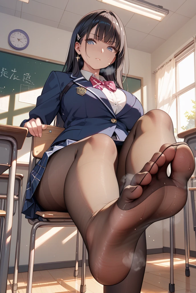 ((masterpiece)), ((highest quality)), ((super detailed)), 1girl, black hair, long hair, classroom, foot focus, sitting in a chair, big breasts, Plump, blazer, skirt, pantyhose, panties under pantyhose, evil grin, looking at the viewer, from below, ((close up of feet)), steaming body, Sweat, ((steaming foot)), v-shaped eyebrows, foot up,