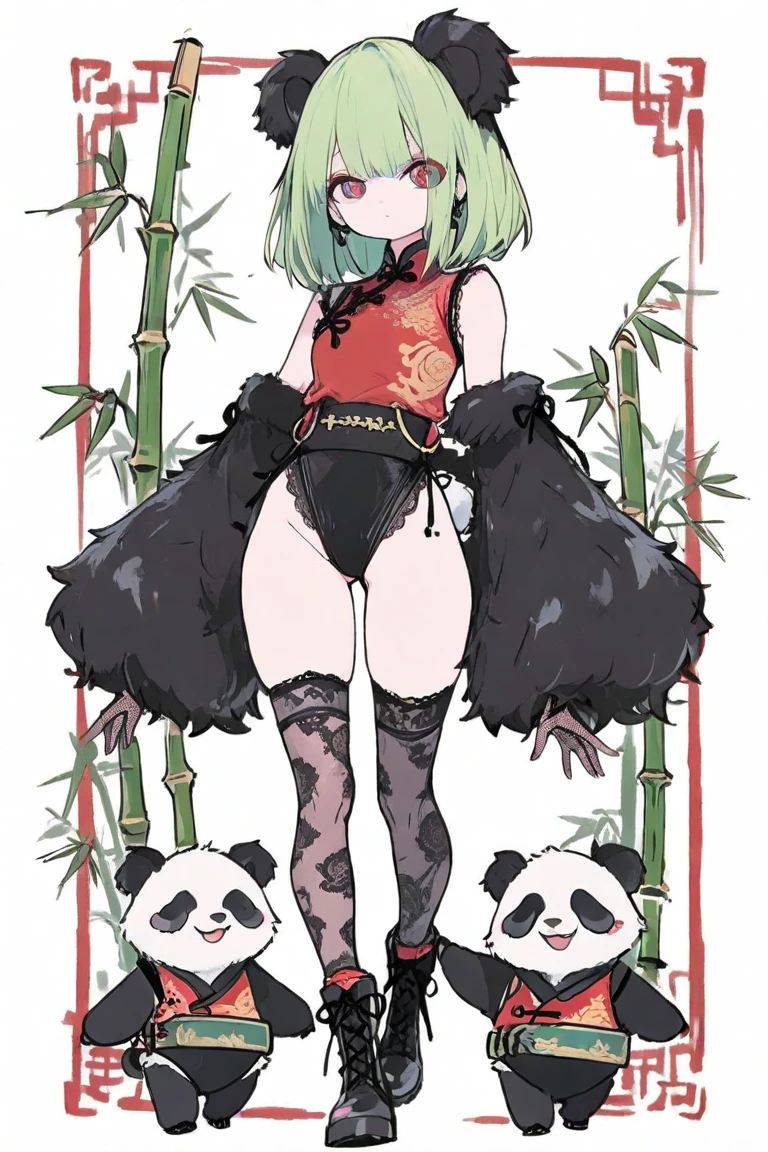 Anime waifu panda, wearing ultra-cute and fluffy plush clothes along with big boots to complete her overall aesthetic, showing off her perfect body with huge breasts in a beautiful garden setting full of lush bamboo foliage.
