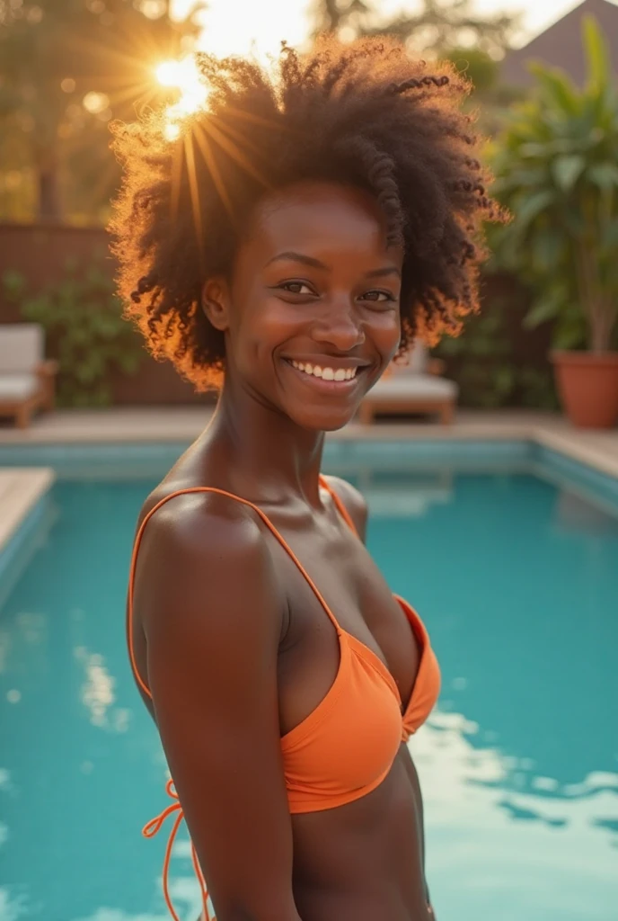 (best quality,realistic,highres,masterpiece:1.2),ultra-detailed,photorealistic:1.37,portrait,black South African women with orange hair wearing a small bikini, laughing in the rain,night,summer,lustful,film grain,Ilford HP5,35mm