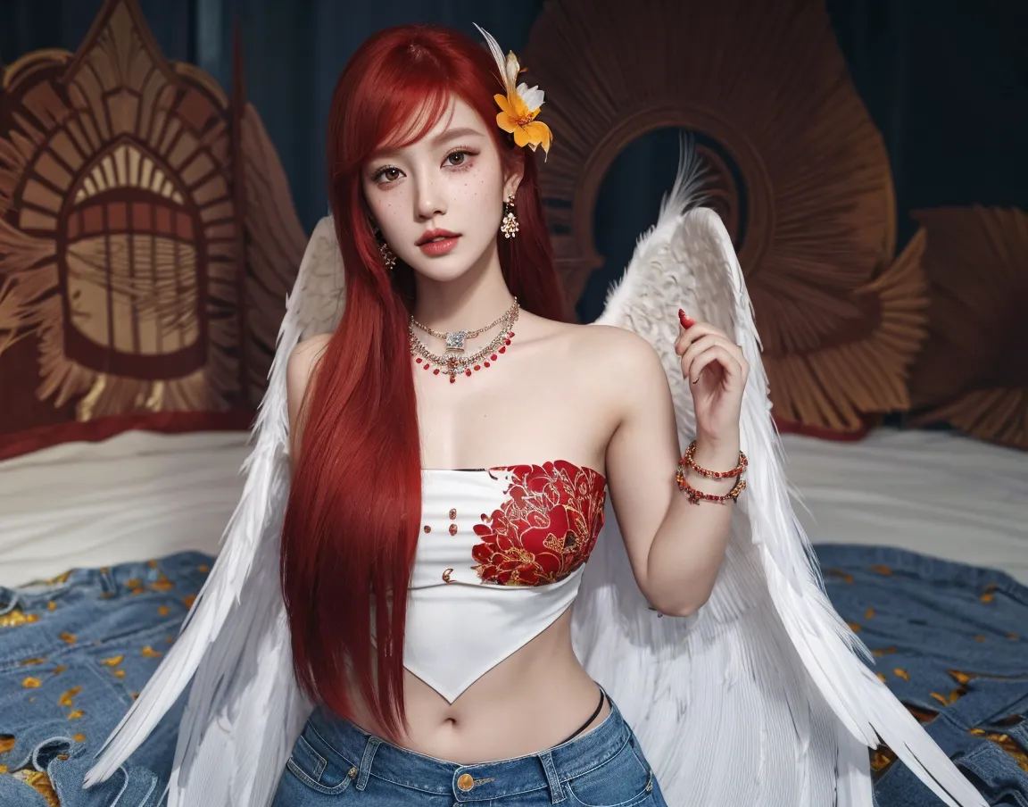 there is a woman with red hair and a silver bra top, fantasy art style, portrait of jossi of blackpink, young wan mermaid, inspired by Sim Sa-jeong, digital fantasy art ), inspired by Kim Deuk-sin, trending digital fantasy art, ig model | artgerm, beautiful cyborg mermaid girl, deviantart artstation cgscosiety, siren, digital fantasy illustration