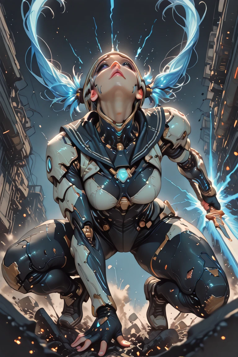 8K ((Full body view))((Watch from below:1.5)),(big eyes:1.3), pronounced cheekbones, look back, ((Pit type:1.4))((Sleek dark blue tights:1.6)) ((Intricate metal details:1.4))Delicate face:1.5), light blue colored skin,(Swollen lips:1.5) (light blue colored skin:1.6), (Bald woman:1.7), (Skinheads) ((Sexy pose)),(muscular:1.3), ((:1.5)), )Very detailed, ((Intricate neon lines on the jumpsuit)), majestic, Digital Photography, Art work：artgerm、Jia Ruan and Greg Rutkowski, ((Metal shoulder pads:1.2)), (masterpiece), Side Light, Intricate details, (((White color palette)))huge , Crazy breast swelling, Chest larger than shoulder blades, Big breasts and thin waist，(huge breasts:1.2)，Hydrated skin（（rogue））（（非常huge乳房）），（（Grooves reveal original skin）)