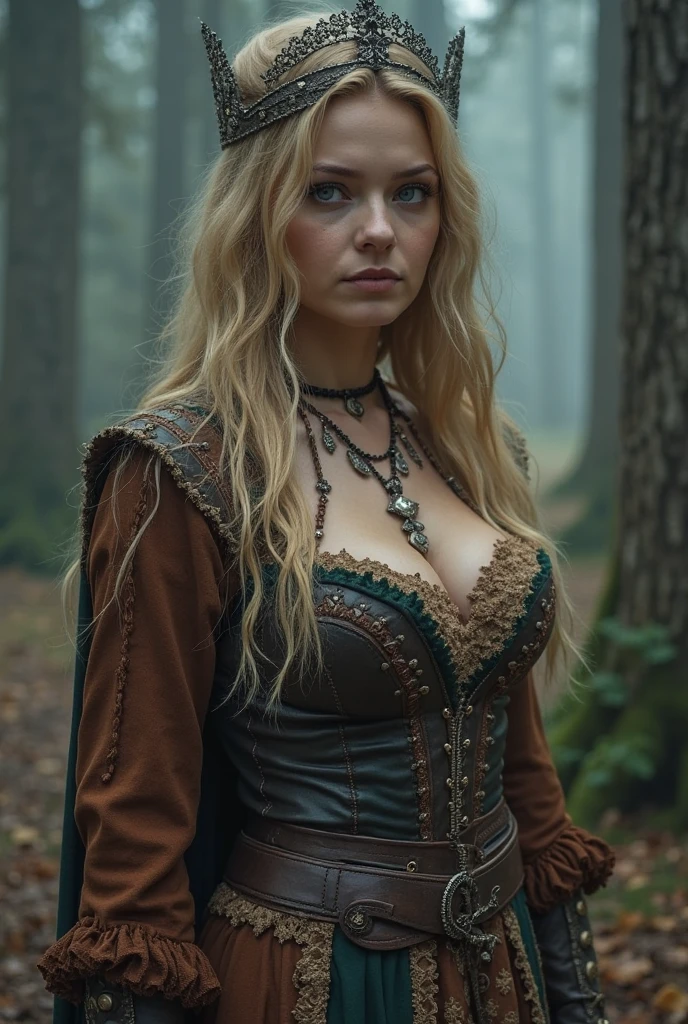 viking girl, adorable girl, forest, cleavage, blonde hair, long hair