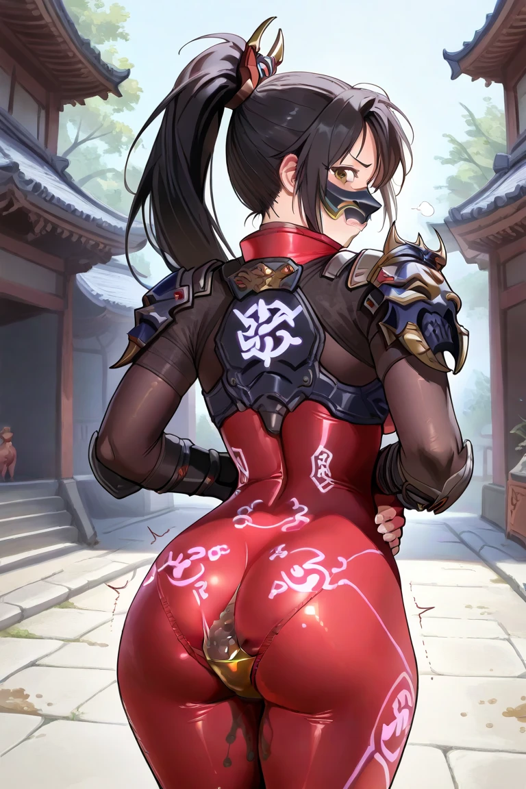meishaonv, gun, magic circle, ultra-detailed,
(Anatomically correct depiction of both feet:1.3)、(How to grip a sword correctly)、(Back view)、RAW Photos、Realistic、Super detailed、High resolution、masterpiece、Highest quality、8K、Concept Art、Angle from below、Turn around to look at the viewer、Beautiful and well-proportioned face、(Perfect Anatomy)、One woman、20-year-old(Full body photo)、(Ancient Magic City)、(A female mage warrior in a sexy battle uniform)、Black Hair、Twin tails、((A skin-tight red camouflage-patterned ultra-thin bodysuit))、((A see-through gauze skirt completely covers the buttocks))、(Super hourglass body type)、(Super big breasts:1.4)、Narrow waist、(Super big butt:1.2)、(He holds a finely crafted long sword in his right hand:1.2)、(Creates a magic shield on the left hand:1.2)、gloves、Correct fingers、、(Get on your knees and stick your butt out:1.2)、A huge, ephemeral magic circle in the background、A confident smile、(Strike a sexy, acrobatic fighting pose)、(Increased costume transparency)