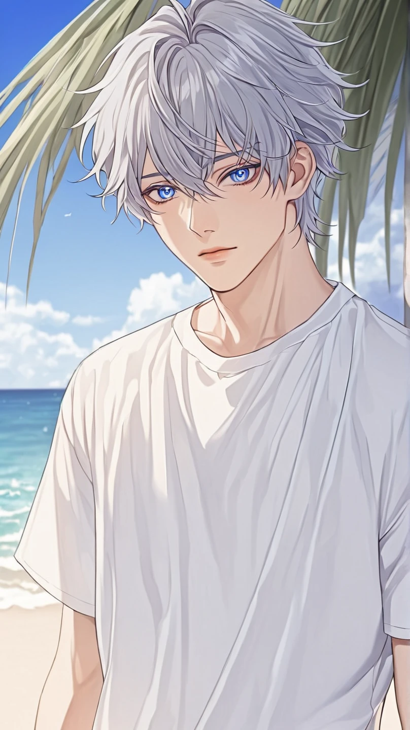 Silver Hair Short Hair Golden Eyes Handsome male tall cool shirt blue sea White sand beach Light of the sun