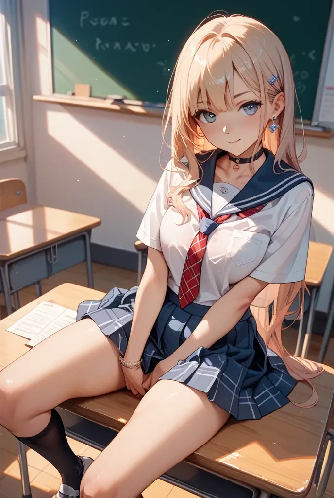lighting like a movie、top-quality、High school girl showing her panties in the school classroom、Raise one leg、Frustrated face、full of sweat、