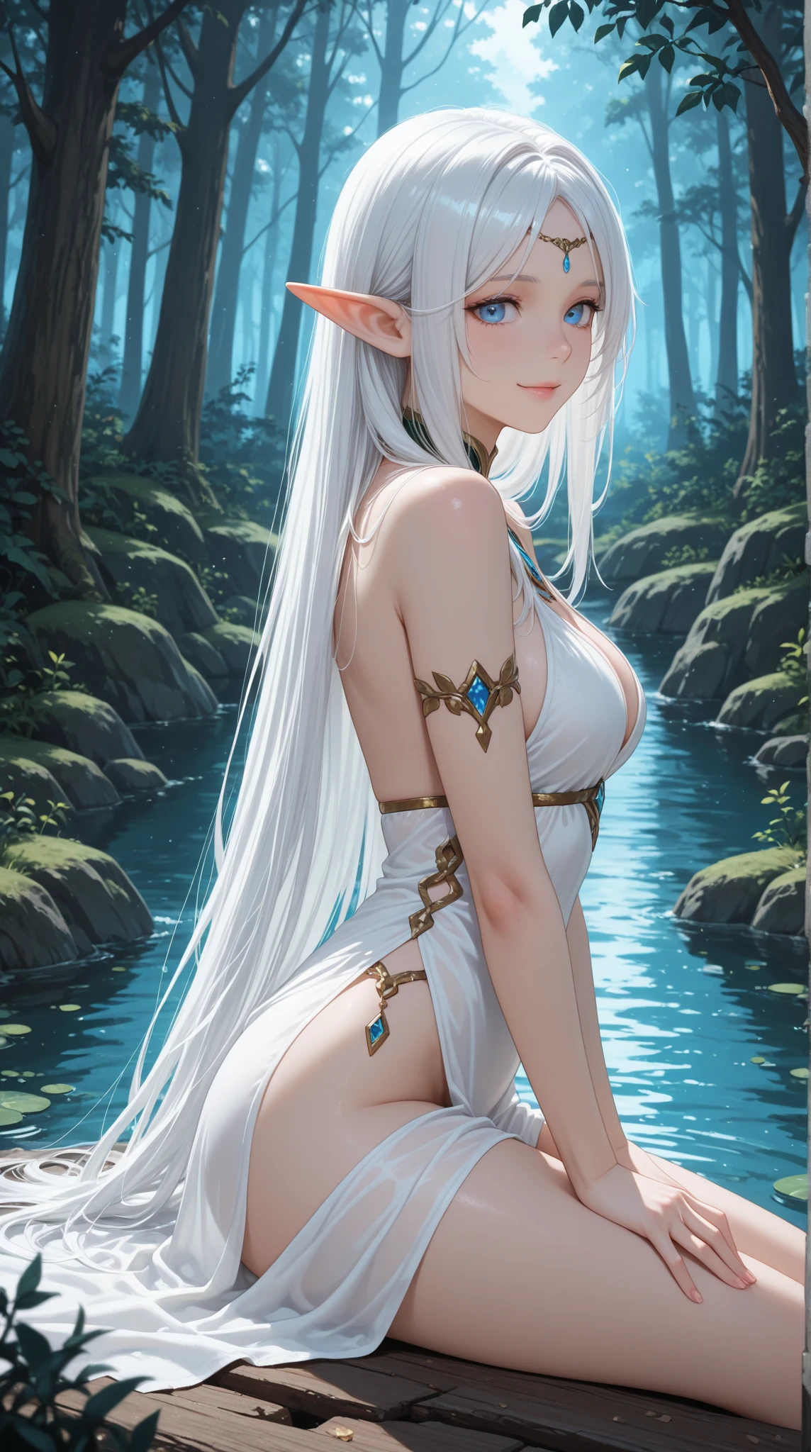 (Detailed face,Detailed eyes,Realistic:1.37) An elven woman with a captivating presence and mysterious aura...、Stand in the middle of a deep forest。. her face is exquisitely detailed, high cheekbones, Thin Nose, Full lips accentuated with subtle colors. Her eyes are captivating, Attracts you、The elaborate decorations are eye-catching. deep sea, Her piercing gaze reflects wisdom and ancient knowledge.... Elf Woman Dark Fantasy Aura、Enhanced by the mystical atmosphere that surrounds her。. The forest is shrouded in darkness, Tall Tree々Shadows swirl and dance, Ancient Tree々. A mysterious light shines through the dense foliage., Gives an elegant glow to the skin of elven women, It lights up her face with an otherworldly glow.. She is tall and、We are confident, Her body is partially hidden under the current..., The thin fabric that enveloped her was like a delicate veil... Her appearance is elegant and graceful.., Creates an atmosphere of natural beauty and tranquility. Elven women embrace nudity, Expressing a connection with nature. The Realistic:1.37 Artwork Quality、Bring every intricate detail to life, It captures the subtle nuances of elven women..'The vibrant colors of her face and surroundings.. Portrait style focuses on the female face, Her enchanting beauty is vividly expressed... Vibrant colors enhance the enchanting atmosphere, Deep green covers the forest、Bright colors are scattered everywhere. Studio lighting creates dramatic plays of light and shadow, Highlighting the facial contours of an elven woman、Add depth to the overall composition.。. In this fascinating work of art, Elven women embody an enduring fascination with dark fantasy.., Immerse your audience in a world of magic and mystery.
