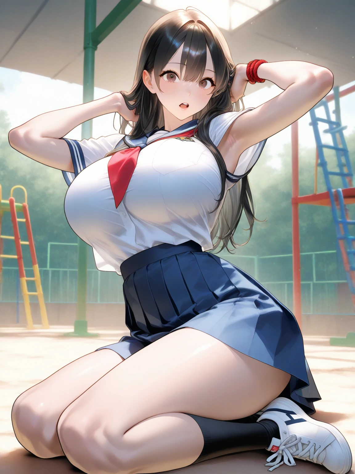 masterpiece,top quality,1 cute girl,very transparent sparked tyte-fitting mini tennis wear,silber long ponytail hair,sitting bed,slim west,biggest large brest,fashion model pose,red tieek,open mouth,biggest open legs,looking shorts,Squeeze the ,