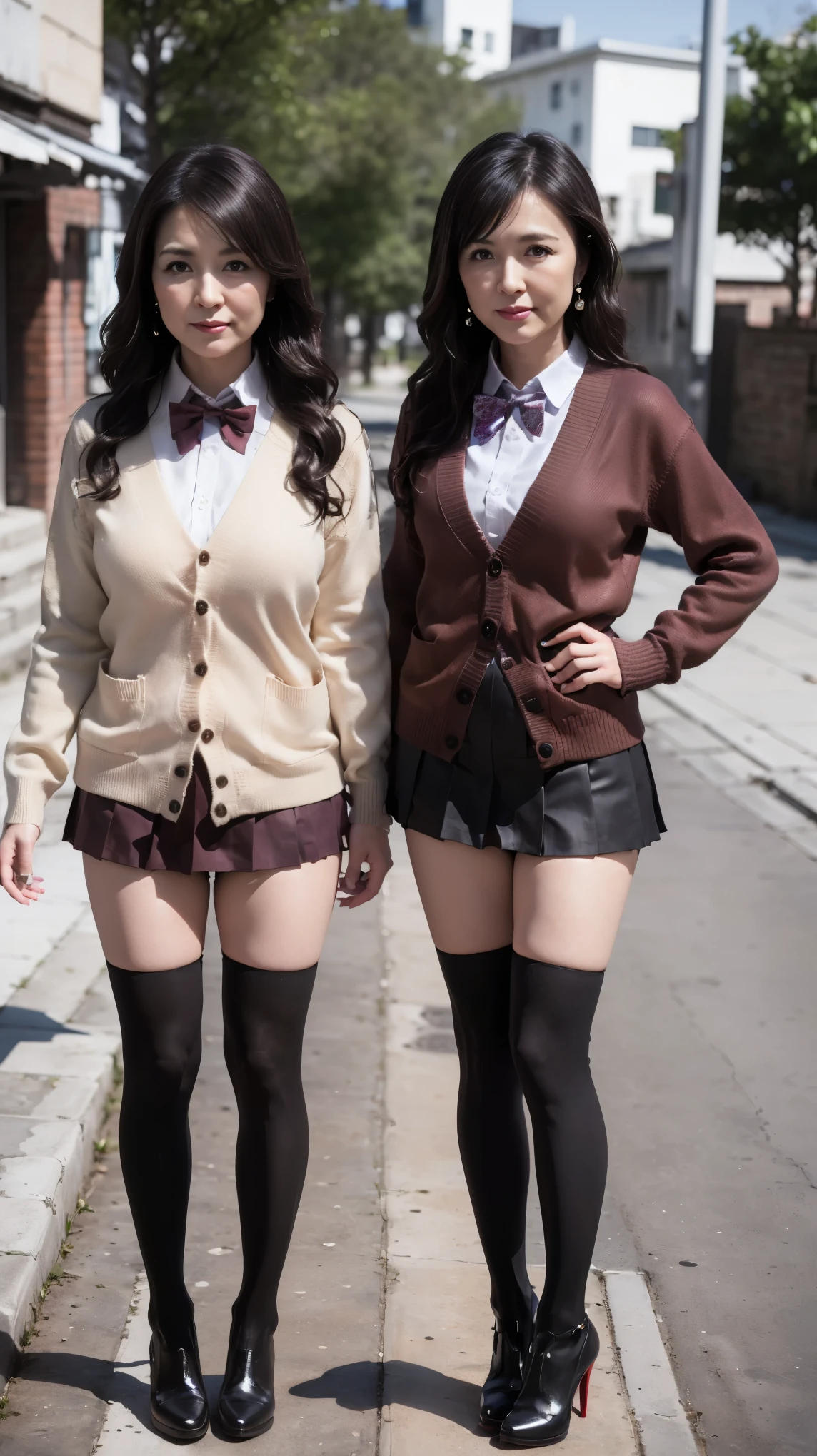 full body shot, from below,  Japanese mature, 58 years old,  detailed faces with ofisu , Smile, facial wrinkles, wrinkles around eyes,  detailed skin texture ,  white skin,   dark makeup ,  long hair, (curvy body,  Purpled Thighs:1.3), (earrings, Red Bowtie, brown cardigan, red skirt,pleated skirt, micro mini skirt:1.2), (black thigh high socks,  wearing high heels:1.2), (Standing on the sidewalk,  full body shot from toe to head wearing black high heels,:1.2), (Surrealism, top quality, Ultra Details, absolute resolution, 8k, anatomic correction), depth of field, stare at the viewer, ((TI)),  detailed faces with ofisu , full body, arm up, 58 years oldの熟女がコスプレしている