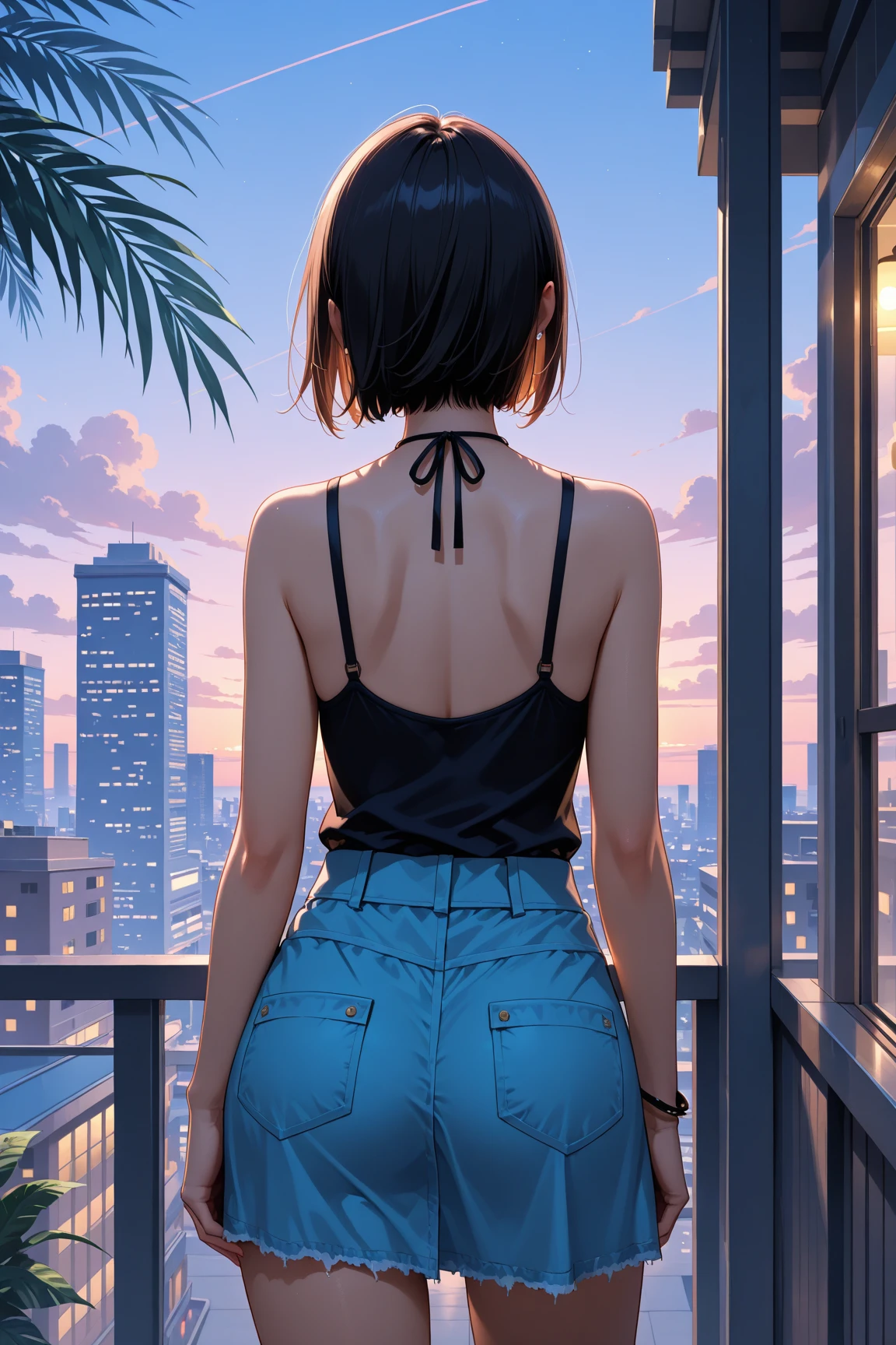 (masterpiece, 1girl, Japanese, 4, short black hair, (leaning on window, buttocks emphasized:1.3), luxury city hotel, soft lighting)