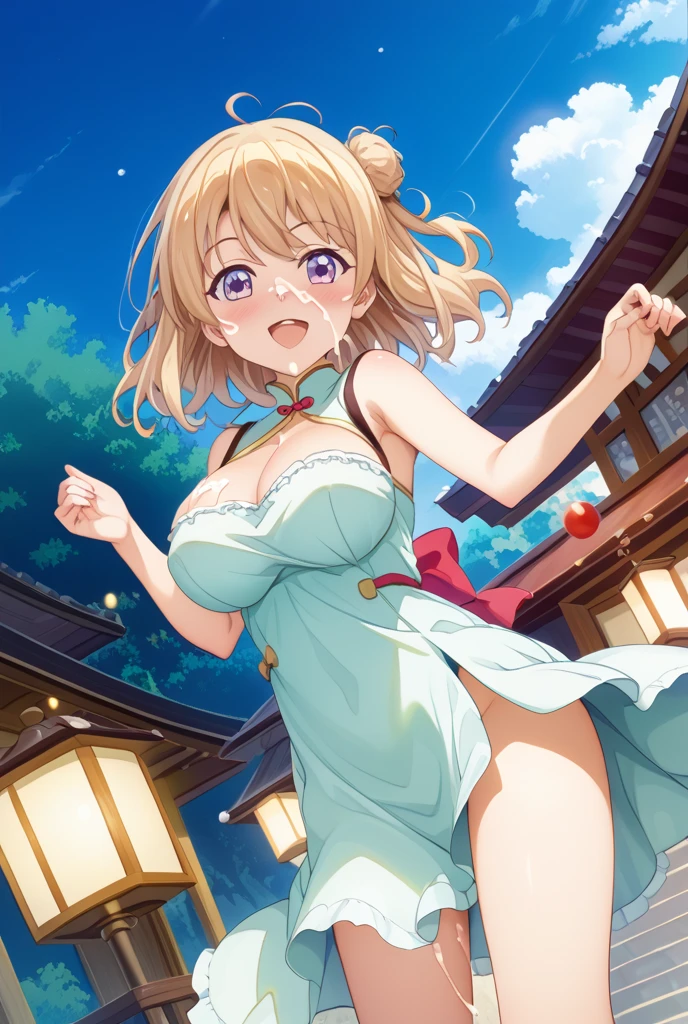 1girl, nsfw, houjousatoko, short hair, blonde hair, purple eyes ,hairband, smile , large breasts, nipple, Running, ,, Heavy snowfall area frozen wet mountain Alone, , Naked, solo, 1girl, amusement park , Peeing, lactation, projectile lactation