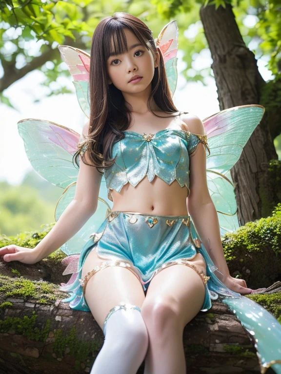 Make a picture where a beautiful fairy is bound and gagged, bound, she wearing a sheer skirt,gr3ysh33r