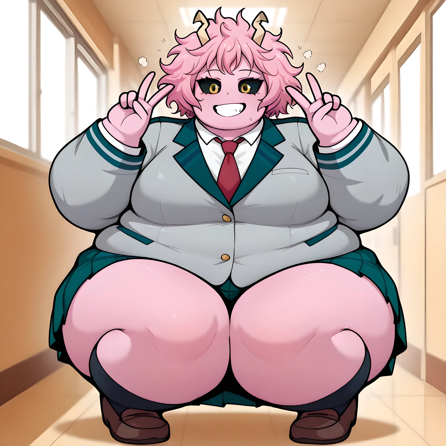 1girl, top heavy figure, (((incredibly big chest))), ((saggy chest)), plump, incredibly plump, ((big belly)), (((big tits))), pout, embarassed, wide, (((obese))), (((fat))), ((love handles)), double chin, out of shape, obese, fatty, tall woman, big bossom, ((milf)), big height, mature, standing, full body, bbw, ssbbw, takane lui, hair wings, blue eyes,hair between eyes, pink hair, long sleeves, necktie, collared shirt, coat on shoulders, dress shirt, black pantyhose, black gloves