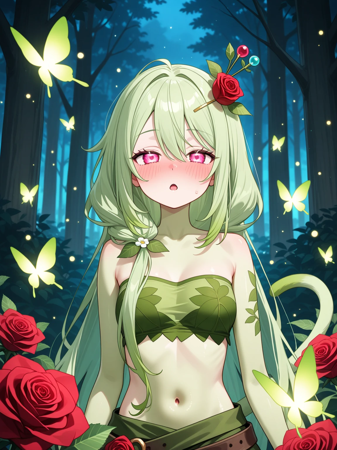 one Arlaune girl。upper body grown from a big red rose。green tube top bra covered with green leaf patterns。Green hair like ivy。light green skin。green hairpin tangled around her arm。wavy long twin tail hair。red rose hairpin。drunk eyes、standing in an enchanted forest glowing with magical pink pollen, surrounded by floating lights and bioluminescent flowers, fantasy atmosphere、High Quality、最High Quality、超High Quality、4k、8k、super definition。