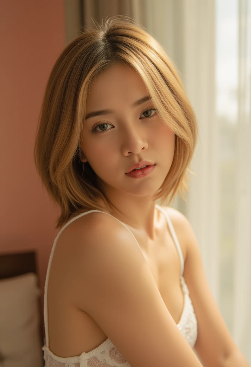 Photo of Toshiko Keiko, Best image quality, RAW photos, ultra-high resolution, short brown hair, big round breasts, short brown hair, fair skin, shiny white skin, beautiful eyes of random colors, eyes beautiful in detail, elongated eyes, beautiful double eyelids, eyeshadow, Very thin legs, necklace, earrings, wearing a shirt and balck jeans, shot from the front, modern bedroom in the background