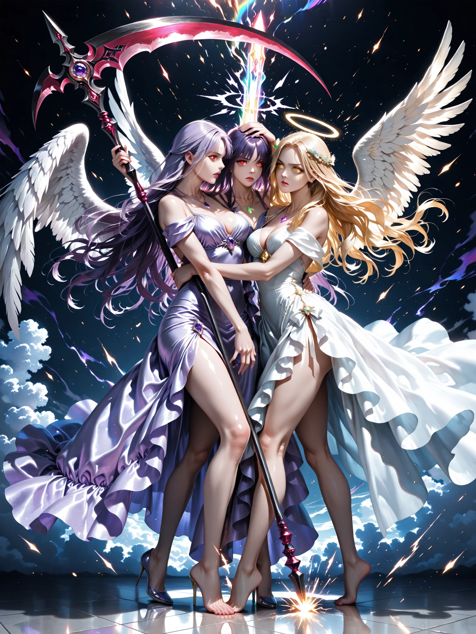 female cosmic fallen angel, bright light eyes, deeply sexy, sensual, otherworldly, enchanting, dreamy, very bright colors, light particles, with luminous light, Mshiff, wallpaper art, UHD wallpaper, topless, huge breasts, Slim waist, long legs, hot. full body, full body.work of art, detailed.