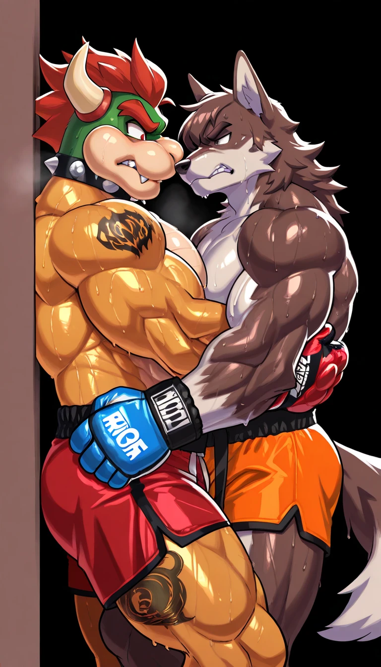 Duo male(Green Gator vs Brown Kangaroo, handsomes, tails, Thick eyebrows), gay(Lying down, Stomped, embraced, cuddling, hot abs frottage, face to face, kissing each other, on a UFC match), hot(Shirtless), handsomes(They are handsomes, correct anatomy), musculosos(Big muscle bodies, Six packs, muscle abs, big pecs, muscle backs, muscle legs), sweaty(very sweaty wet bodies, shiny sweat), tatuajes(they have tattoos), Grumpy(Both have an grumpy expression, growling, grumpy teeths, steaming breath), UFC gloves(They both are wearing UFC gloves), UFC boxers(They both are wearing UFC boxers), Hight resolution, by(Zourik:1.1) 
