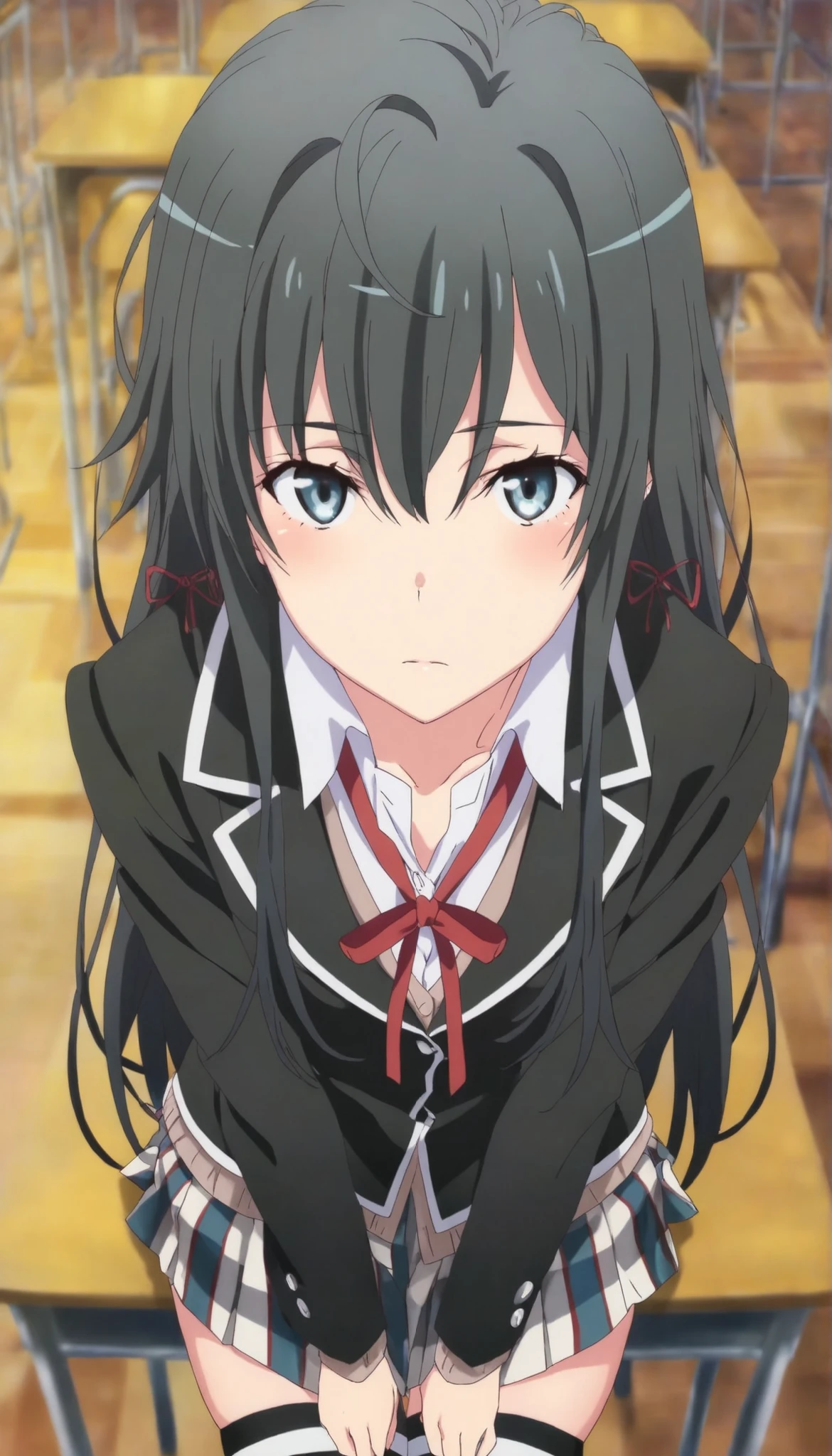 masterpiece, best quality, very detailed, , masterpiece, best quality, eyelashes, (Beautiful Eyes), cowboy shot, anime, Official Illustration, from above,,1girl, solo, standing yukinoshita yukino, blue eyes , black hair,,long hair, sobu high school uniform, jacket, closed jacket,(cardigan:0.6),skirt, black thighhighs, slim thighs, at viewer, handsome girl, shinny eyes , narrow waist, standing, indoor, school , sitting,