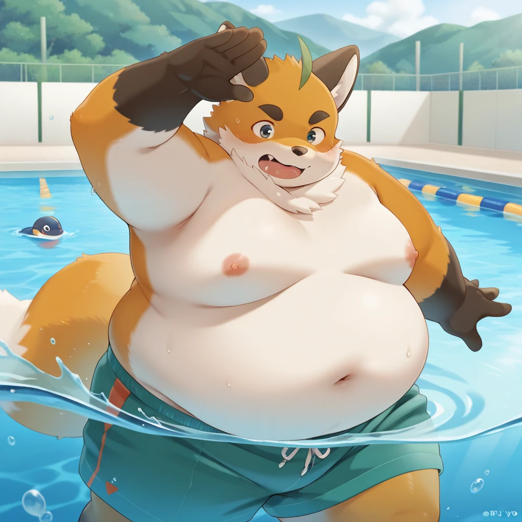 anthro, kemono, male, 2boy, furry, anthro, purple fox and green bear, outdoor hot spring, outdoor bath, sweating, mature, endomorph,
