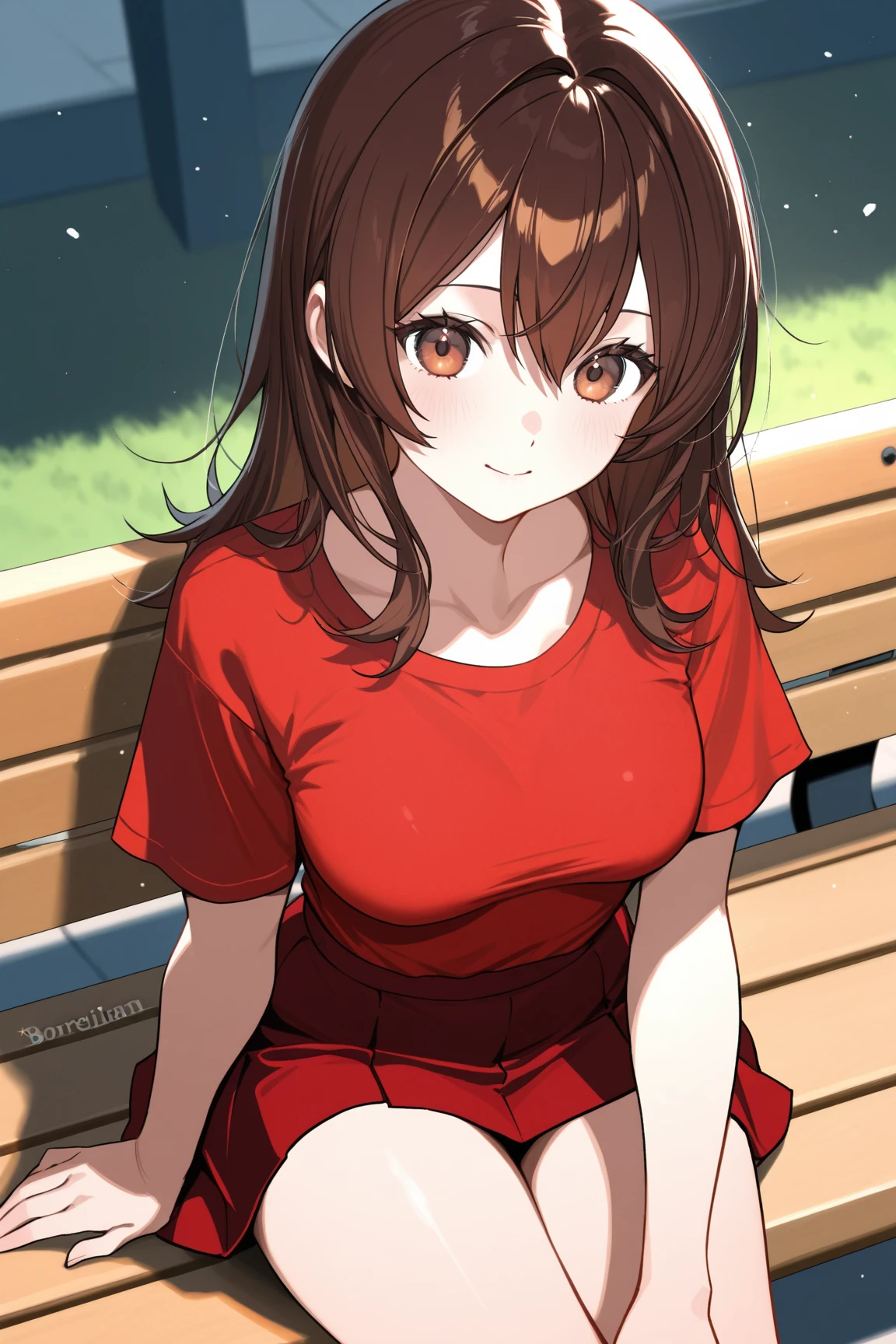((masterpiece,best quality)), highly detailed, background:park , ((1 human girl)), 16 year old, (Teardrop-shaped breasts), wearing a Fleece-lined hoodie dress, (Sitting Cross-Legged on a bench with one hand adjusting the hood), Eyes: Deep-set, hazel with green flecks, Nose: Straight and slender, Lips: Full, deep red, Hair: Long, wavy, dark brown, Skin Tone: Fair with a cool undertone, Eyebrows: Medium thickness, gently arched, Cheekbones: High and sculpted, Chin: Pointed, Ears: Medium-size, Expression: Graceful and introspective