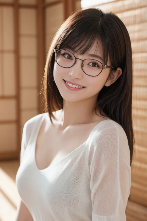 ((japanaese girl)), 8K, Raw photo, Best Quality, ultra-detailliert, Ultra High Resolution, Realistic, photographrealistic, high-definition RAW color photography, professional photograpy, Extremely detailed, 8K Wallpaper, amazing, finely detail, Huge file size, extra detailed face, extremely detailed eye, highlydetailed skin, extremely detailed fingers, highly detailed nose, highly detail mouth, Perfect Anatomy, Highly detailed background, Realistic body, Good figure, blown hair, (wet hair), Cute face, Photography, (Happy smile), Perfect Skin, Perfect Anatomy, Large breasts, (Round glasses), (Off-the-shoulder knit), (Mole), ((atami)), high-angle shot, swept bangs, Full body shot,