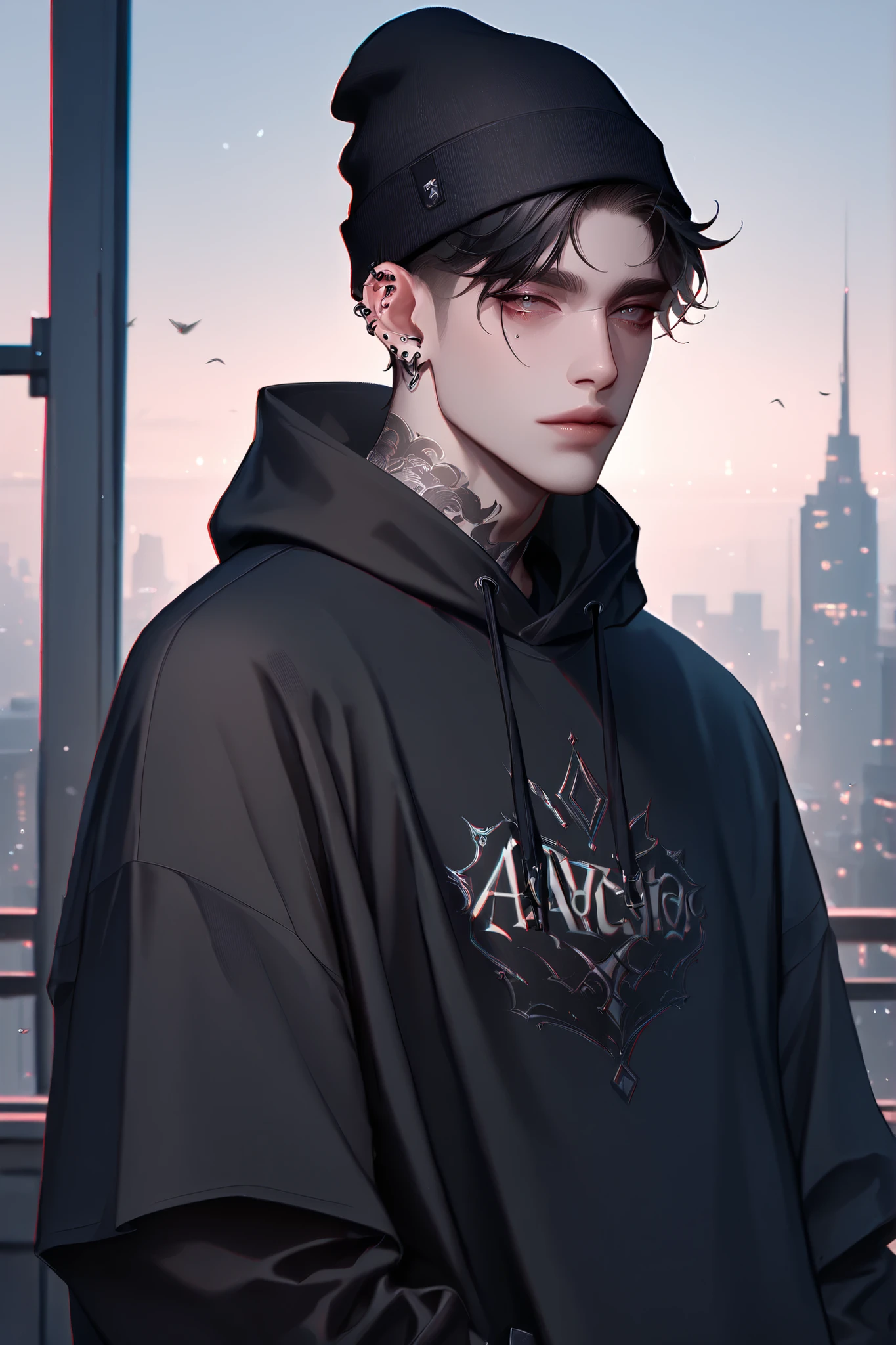 1boy, male focus, gothic male, black hair, piercings, beanie, masterpiece, best quality,absurdres , digital art style, drawn aesthetic, concept painting, ultrahigh definition,masterpiece, best quality, amazing quality, newest, very aesthetic,
