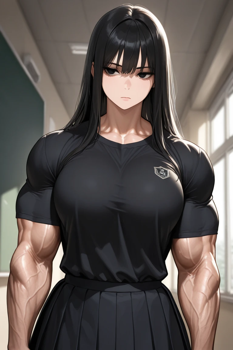 A modern gym with well-distributed exercise equipment. Naru, an 18 year old girl with short medium brown hair in the Megumin style and green eyes, She is dressed in a tight blue sports shirt and black lycra shorts.. He is wearing white sneakers and is lifting weights with determination. His hair is slightly messy from the effort., and his green eyes are focused on his training. Exercise equipment includes weights, treadmills and weight machines. A large mirror can be seen reflecting your image while you train, showing his aesthetic figure and his concentration. The tight sports shirt highlights his worked physique and the lycra shorts fit his thighs, where her tattoo under her right buttock on her thigh is barely visible due to movement