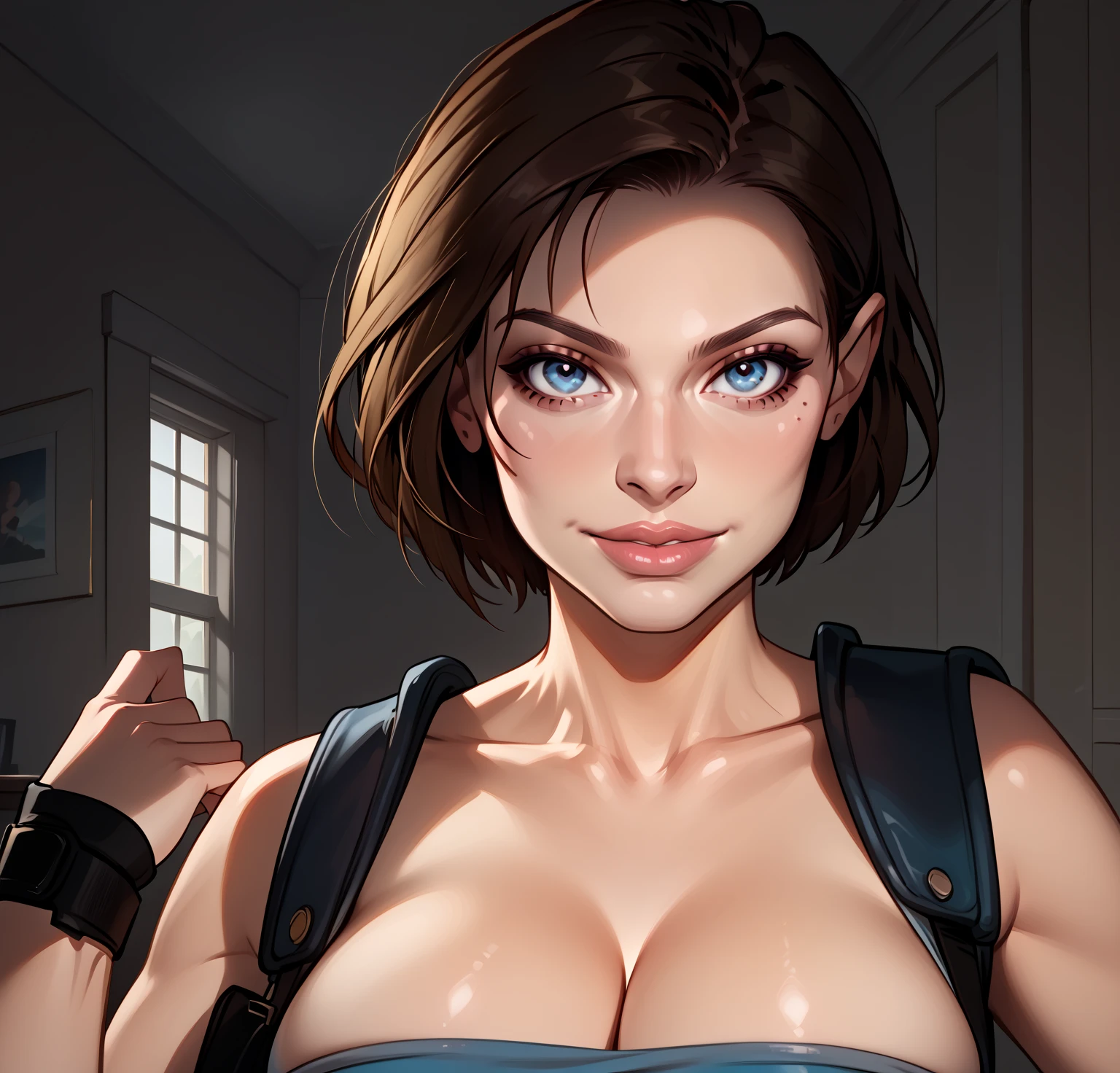 Naked Jill Valentine,Nude with cowboy belt and holster,Watch on wrist,Drunk,cry,indoor,Directing the viewer&#39;s gaze,Above the knee shot,Lying in bed,Ultra-high resolution,16K
