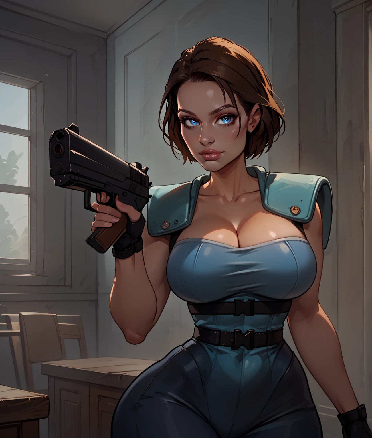 Jill Valentine, portrait, cleavage, smiling, (8k, RAW photo, best quality, masterpiece:1.2),ultra-detailed, (high detailed skin:1.2), 8k uhd, dslr, soft lighting, high quality, berretta, weapon , <lora:Jill_Valentine_RE3R_v1:0.4>