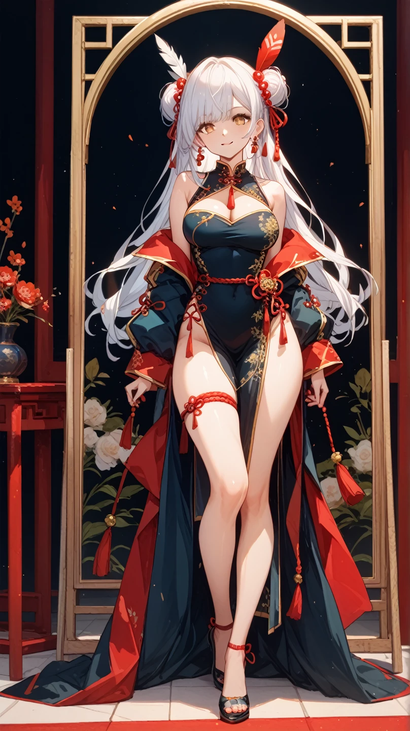 Master anime work, impeccable masterpiece, a mature female character standing in a sexy transparent red robe on a pure white background, flowing silver hair, full body standing, slender legs, straight breasts, detailed face details, natural standing, vivid and real body details