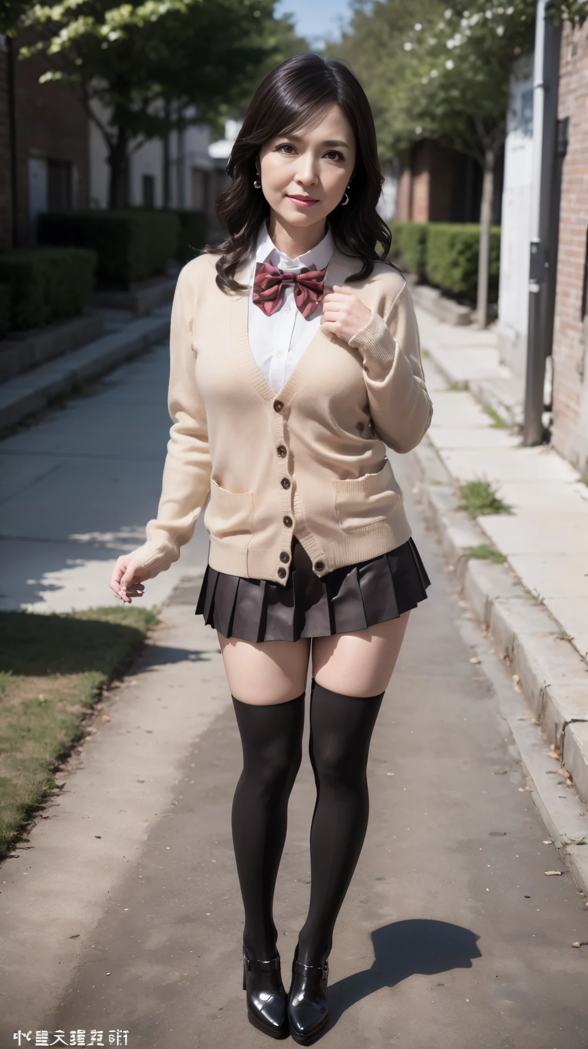 full body shot, from below, Japanese mature, 58 years old, detailed faces with ofisu , Smile, facial wrinkles, wrinkles around eyes, detailed skin texture , white skin, dark makeup , long hair, (curvy body, Purpled Thighs:1.3), (earrings, Red Bowtie, brown cardigan, red skirt,pleated skirt, micro mini skirt:1.2), (black thigh high socks, wearing high heels:1.2), (Standing on the sidewalk, full body shot from toe to head wearing black high heels,:1.2), (Surrealism, top quality, Ultra Details, absolute resolution, 8k, anatomic correction), depth of field, stare at the viewer, ((TI)), detailed faces with ofisu , full body, arm up, 58 years oldの熟女がコスプレしている, underwear, raise one leg
