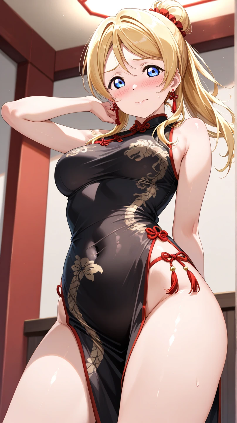 (red ribbon on hairband:1.2),masterpiece, best quality, highres, 1girl, solo, Blonde hair, RED eyes, High resolution, adult woman , good lighting, , (No nudity), (((China dress))), (((pointy_groin,from below))), ((())), (garter belt), abdomen only, (), , cute face,embarrassed and blush, humiliating, ((See-through))()(T-back)(a large amount of is on the body,)