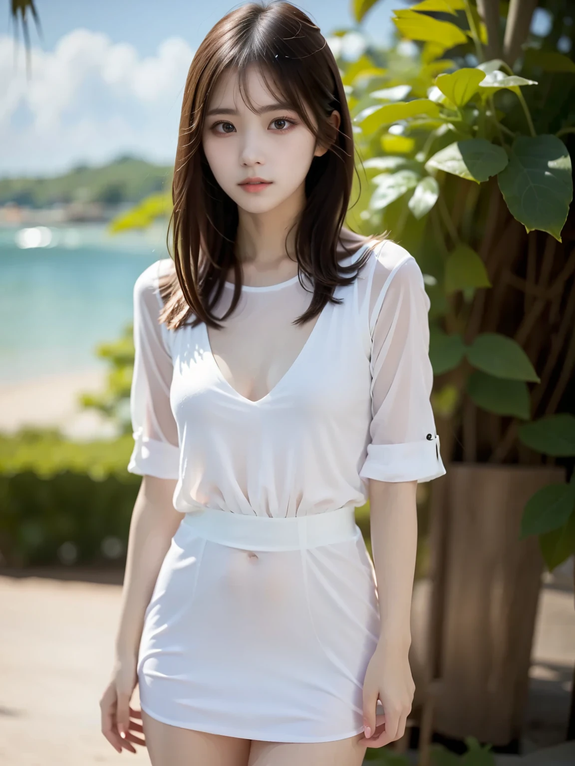 masterpiece, best quality, 8k,1girl, see-through jumpsuit:1.3, cowboy_shot , long hair, mechanical arms, medium breasts, pink scarf, science fiction, solo, standing, simple background, mai_7, <lora:youA_koreandoll:0.3> <lora:ran:0.3> <lora:koreaface15:0.4>