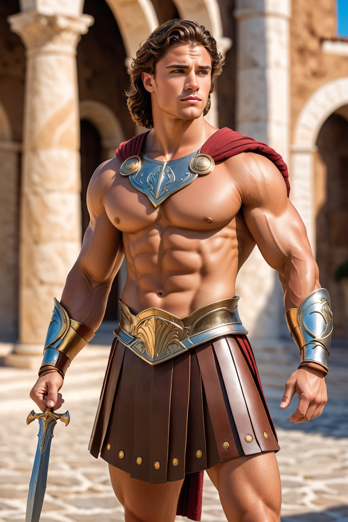 Ancient Rome. Muscular, with a carefully shaved face, no beard or mustache, a handsome, half-dressed, blond centurion of the Roman army, 45 years old. He fucks in the ass a red-haired slave boy of 18 years old, poorly dressed, who is in love with him. . there is joy and pleasure on the centurion's face