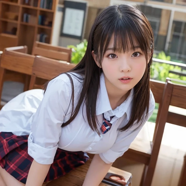 8k, 3D, high resolution, best, top, real, ultra detailed, vivid, masterpiece, highest quality, high resolution, real, ultra realistic, dog collar, school corridor, full body, front view, erotic uniform, sitting dog with legs spread, brown loafers, neat and tidy Japanese, naked high school girl, baby face, cute, beautiful girl, idol face, big eyes with double eyelids and plump tear bags, small with high nose, slender, perfect figure, straight black hair, shoulder-length hair, slim, D cup, beautiful breasts, perfect pink erect nipples, details: -1, details: 0, details: 0.5, details: 1, details: 1.5