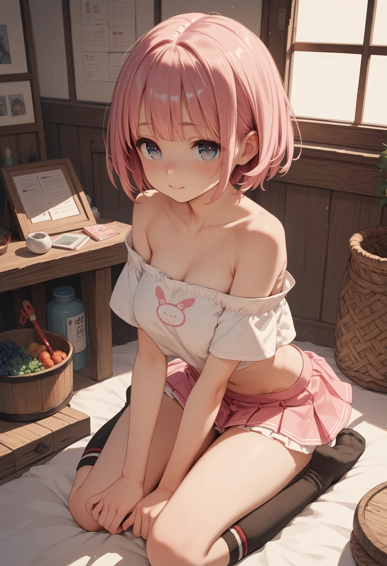 Mastepiece、masterpiece、highest quality、Super detailed、High resolution、8K Portrait、High definition CG of Unity 8k wallpaper、Cute little:1.5、:1.5、Highly detailed CG Unity 8k wallpaper、Realistic、Real person、 Portrait Photography、Shiny skin、High definition、(16 y)、(1 girl)、Beautiful clear eyes、extremely detailed description、Delicate face、Nice lips、Slim body、(thin waist)、Thin legs、(bed room:1.6)、1 Girl, Cute, Perfect Face, seriously, (blush:1.8),(Pink hair bob:1.3),(hair ornaments:1.2),(big breasts:1.3),((underwear:1.3)),(looking at view),(from front),(disapproval face:1.5)