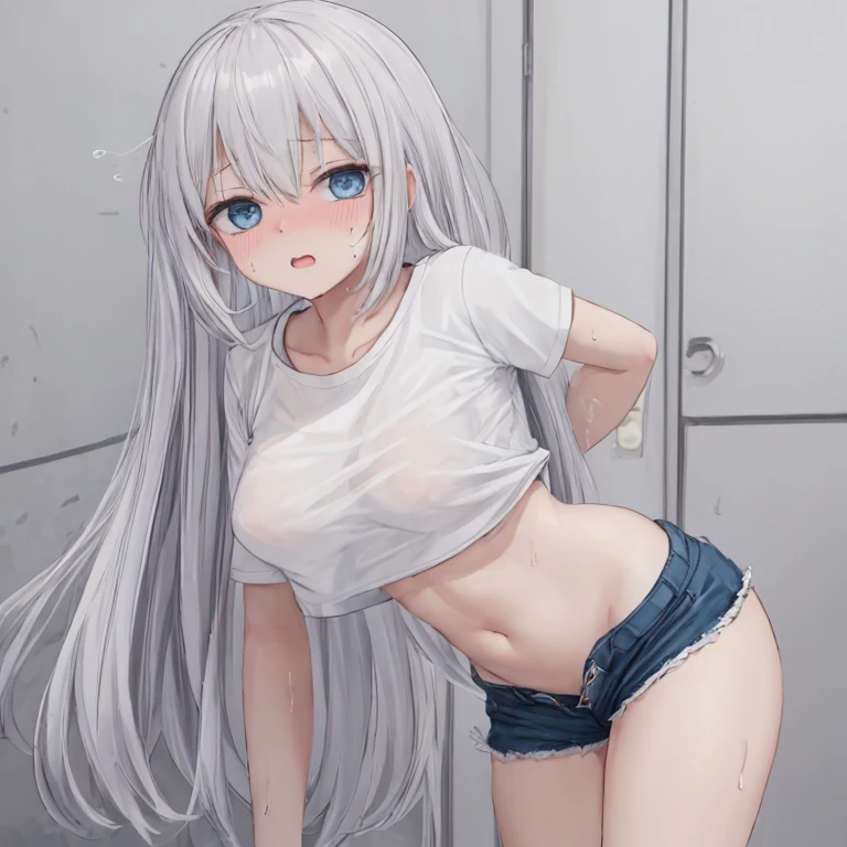 anime girl with long white hair and blue eyes posing in a hallway, seductive anime girl, small curvy loli, perfect white haired girl, attractive anime girl, beautiful anime girl, cute anime girl, girl with white hair, smooth anime cg art, pretty anime girl, anime style 4 k, anime best girl, anime girl, 4k anime wallpaper, topless, denim shorts, small breasts, nipples, masterpiece, necklace, smiling, navel, leaning forward, hands on back, shoulder length hair