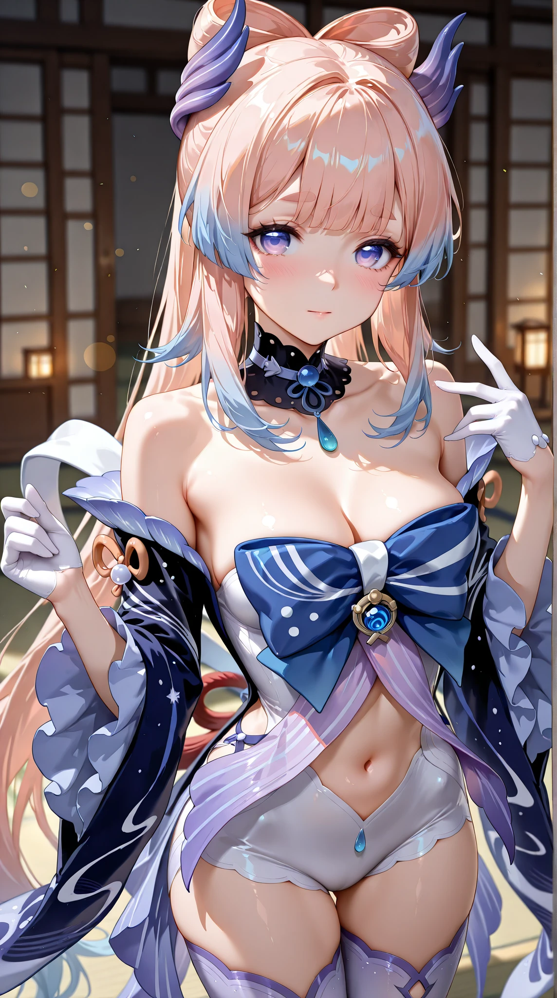 ((Masterpiece)), best quality, absurderes, ultra detailed, 8k, dynamic pose, super complex details, intricate details, holographic, cowboy shot, golden ratio, super cute girl, neon aura, delicate and beautiful face, mature girl, super beautiful asian girl with super beautiful glowing eyes, super beautiful glowing multicolored hair, nice and sexy body, slim body, perfect body, wearing magical lingerie, celestial hair ornament, in a marshmallow world