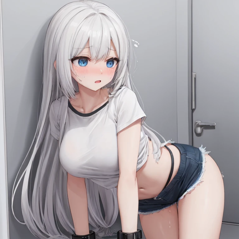 1girl,one_finger_selfie_challenge,hand cover boob,hand cover pussy cute, little girl, young, boyish, childish, small breasts, silver hair, cat ears, blue eyes, beautiful eyes, teen girl, ecstasy, sailor collar, estrus, metestrus, start to undress, naughty sexy, lost virgin, virgin, blush, beautiful skin, big bow on chest