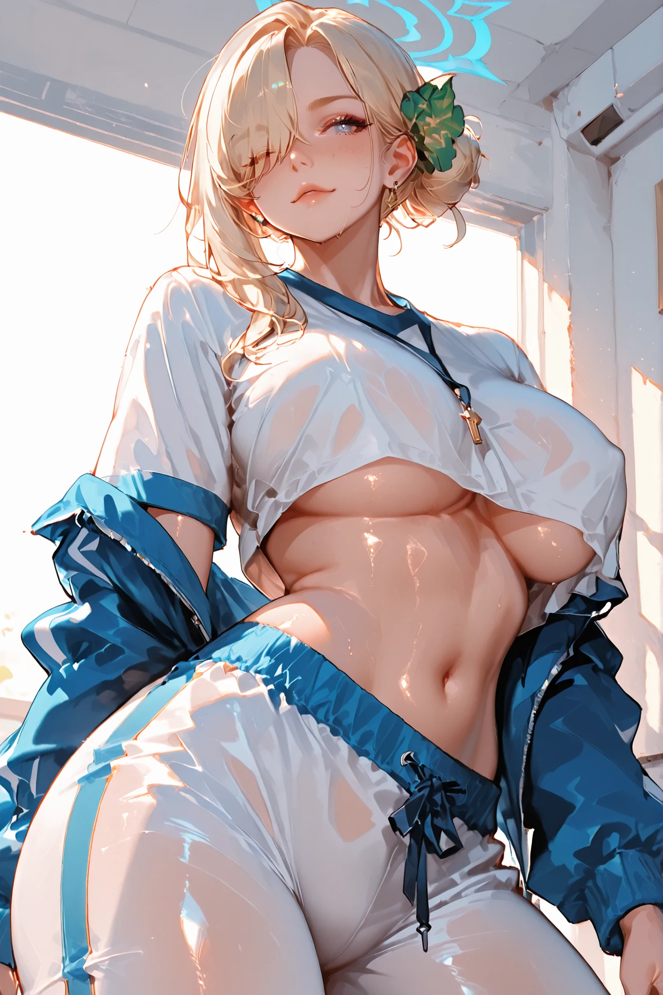 Sleeping girl, 22 years old, realistic, she is wearing long pants, she is wearing no top, boobs out, large boobs, naughty smile, cum on face, cum on boobs, cum on mouth,