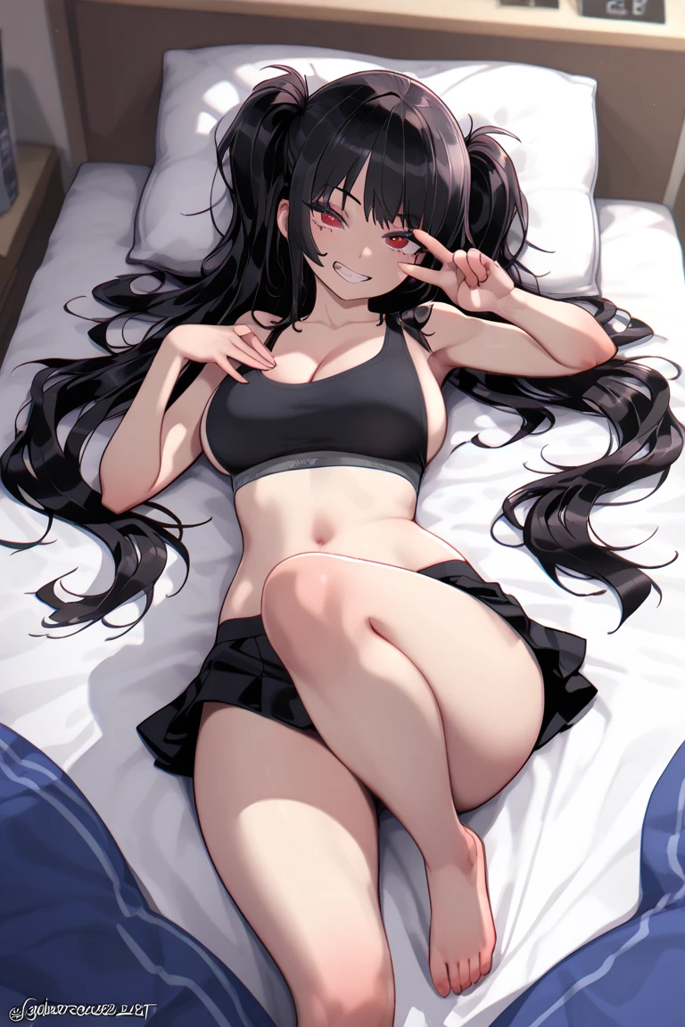 (masterpiece, best quality:1.2), cowboy shot, solo, 1girl, yukinoshita yukino, ((smile serious face:1.4)), ((looking at viever:1.4)), ((naked body:1.4)), ((slim body)), ((slim legs)), ((show feets:1.4)), ((full body)), ((lying:1.4)), ((black thigh high socks:1.4)), bed, ((black heels))