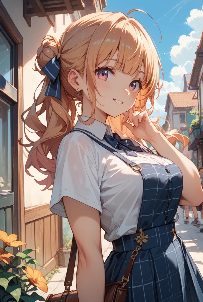1girl, solo, summer, village, trees, sun, clouds, chestnut hair, side ponytail, large breasts, ((popping shirt buttons)), button down, unbuttoning buttons, dark blue eyes, ((dark blue shirt)), ((unbuttoned shirt)), ((short sleeved shirt)), cleavage 1:3, black skirt, brown shoes, grin, looking at the viewer, standing, hair ribbon, golden necklate