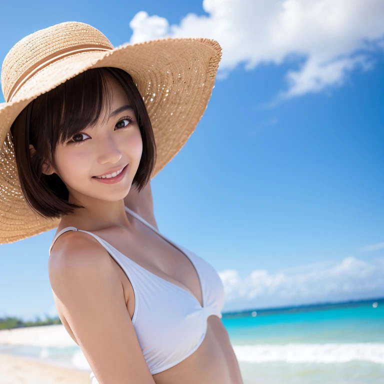 masterpiece,best quality,(Japanese ),((Beautiful girl)),cleavage,(perfect body beauty:1.2),(shy smile),beautiful teeth,(straw hat),(seaside),