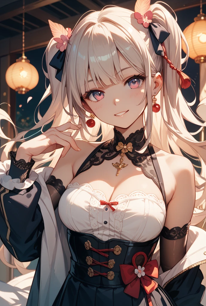 nsfw,((1girl)), (masterpiece, best quality), High resolution, Very detailed,4K,8k, ((Anatomically correct number of limbs),(Anatomically correct number of fingers)), ((seductive smile) ,(silver hair,Long twin tails,shiny hair:1.3), ((oiran),(Clothes with purple glitter lines)), (heterochromia,(red eye,green eye))), ((big breasts),beautiful breasts,curvy),((Late Night), (Cyberpunk),(japanese shrine),Vibrant neon glow)
